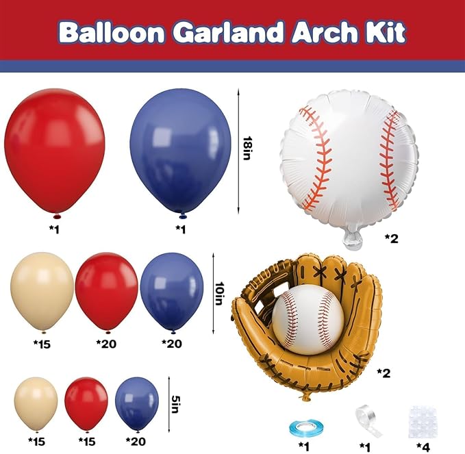 Baseball Birthday Party Decorations, Navy Blue Red Nude Balloon Arch with Baseball Glove Foil Balloons for Boys Girls Summer Birthdays Party Baseball Themed Party Decorations