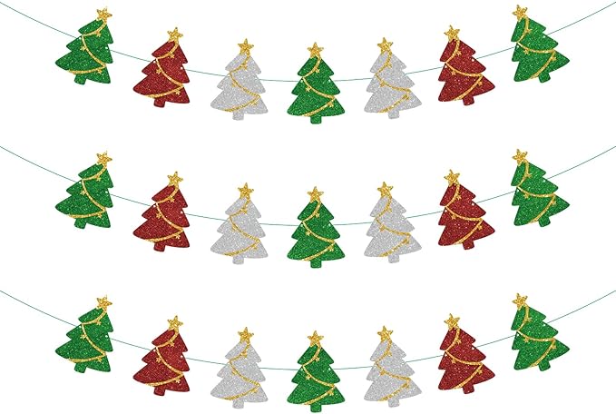 3 Set Pre-Strung Christmas Decorations,Glitter Christmas Tree Banner Garland for Winter Party,Mantle Decor,Xmas Door Wall Window Hanging Decoration,Happy Holidays Decorations