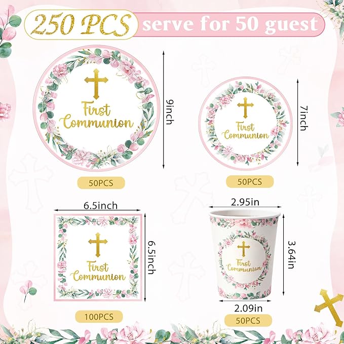 Pickmesh 250 Pcs Pink First Holy Communion Disposable Tableware Set God Bless Baptism Disposable Paper Plates Napkins and Cups for Girls Christening Celebration Baby Shower Religious Supplies Serve 50