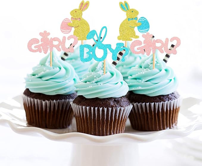 Ercadio 24Pcs Easter Day Rabbit Boy or Girl Cupcake Toppers Glitter Pink Blue Bunny Boy or Girl Cupcake Picks for Easter Gender Reveal Cupcake Toppers Easter Theme Birthday Baby Shower Party Supplies