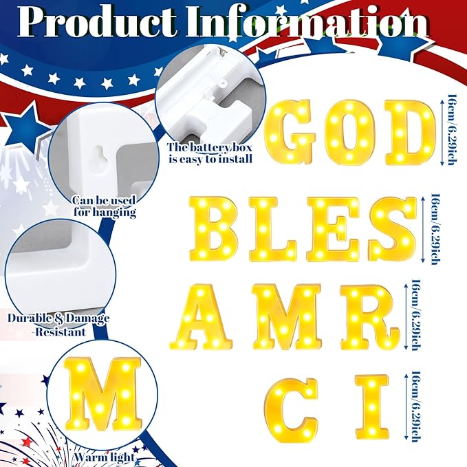 15 Pcs Patriotic Decorations 6.4 Inch God Bless America LED Letter Lights Sign 4th of July Table Decoration for Patriotic Welcome Memorial Day