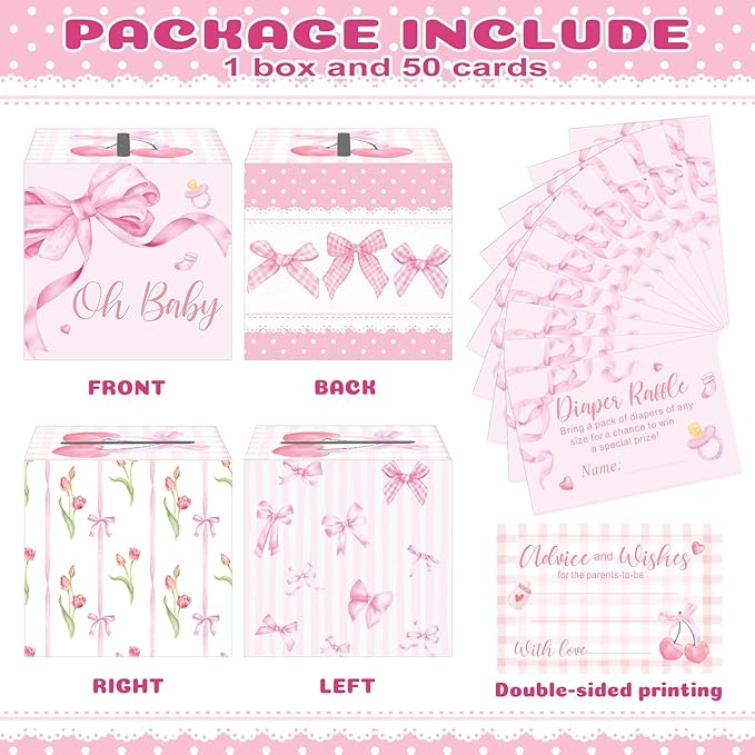 Funrous 51 Diaper Raffle Tickets with Box for Baby Shower Game Invitations Diaper Raffle Card for Gender Reveal Baby Shower Party Decoration Table Centerpiece(Pink Color)