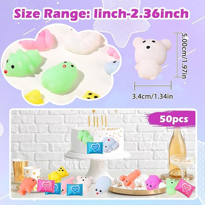 50-Pack Squishy Fidget Toys Blind Bags – Mini Mochi Squishies Mystery Toys for Kids, Party Favors, Classroom Prizes, Goodie Bag Stuffers, Sensory Stress Relief Squeeze Toy