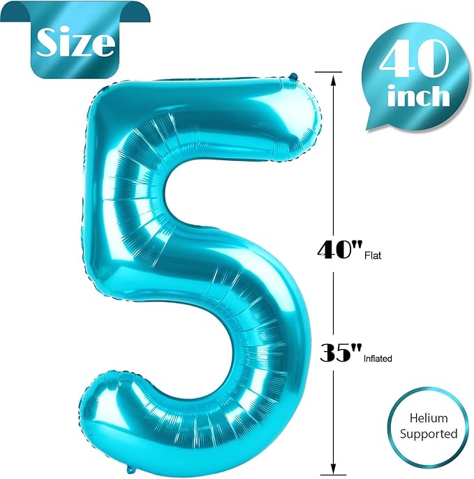 5 Balloon, Blue Number Balloons 40 Inch, 5th Birthday Balloon Decorations, Blue Party Supplies, 5 Number Balloons, Number 5 Balloon