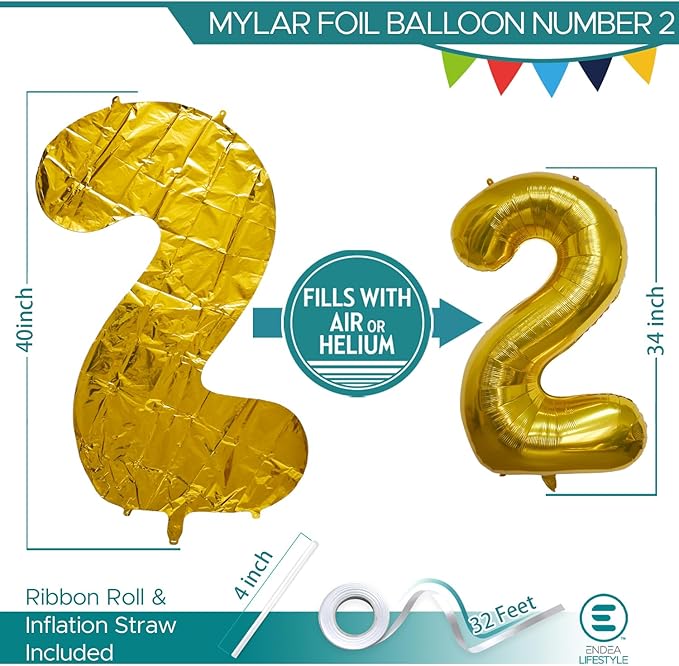 40 Inch Large Gold Number Celebration and Decoration Balloon for Birthday Parties, Graduations, Anniversaries, Weddings, Photo Shoots, Special Events - Helium Foil Mylar (Gold Number 2)