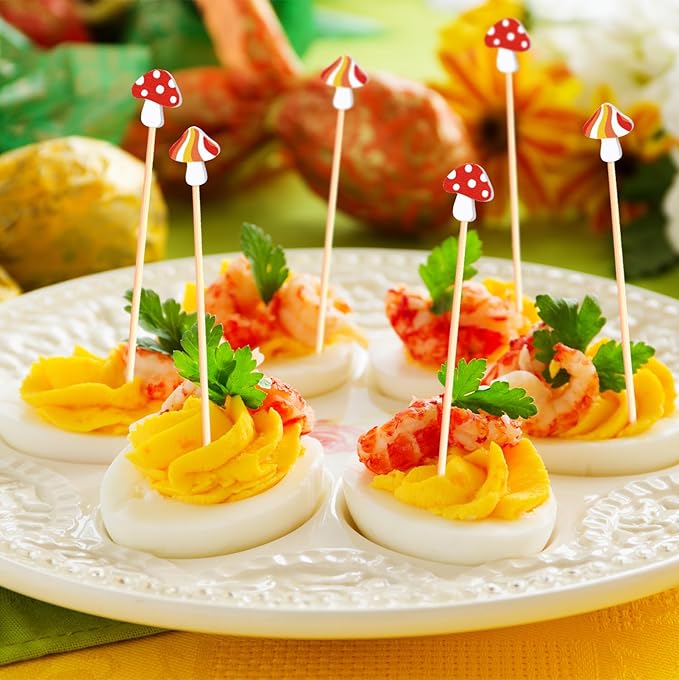 100Pcs Mushroom Cocktail Picks Fairy Enchanted Forest Decorations Toothpicks Fruit Sticks Skewers for Appetizer Charcuterie Food Sandwich, Mushrooms Woodland Birthday Baby Shower Themed Party Supplies