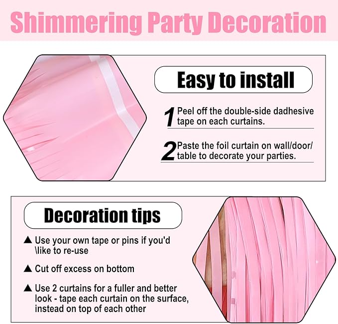 3 Pack Macaron Pink Foil Fringe Curtain Backdrop, 3.28Ft x 6.6Ft Metallic Tinsel Foil Fringe Streamer Curtains for Photo Booth, Christmas Day, Thanksgiving, Wedding, New Year Party Decorations