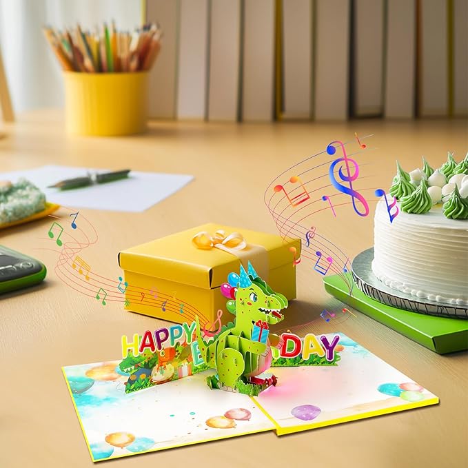 Cartoon Dinosaur Music Playing Pop Up Happy Birthday Greeting Card with LED Light, Love Gift for Adult and Kid with Blank Note & Envelope, Celebration for Daughter, Son, Mom, Dad