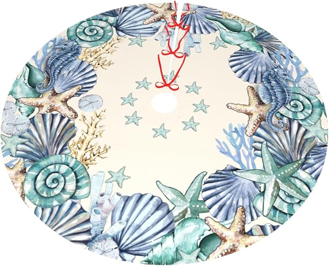 Shell Coastal Wreath Beach Starfish Sea Theme Seahorses Christmas Tree Skirt Xmas Tree Mat Halloween Christmas Tree Ornaments Decorations Holiday Party Indoor Outdoor 48"