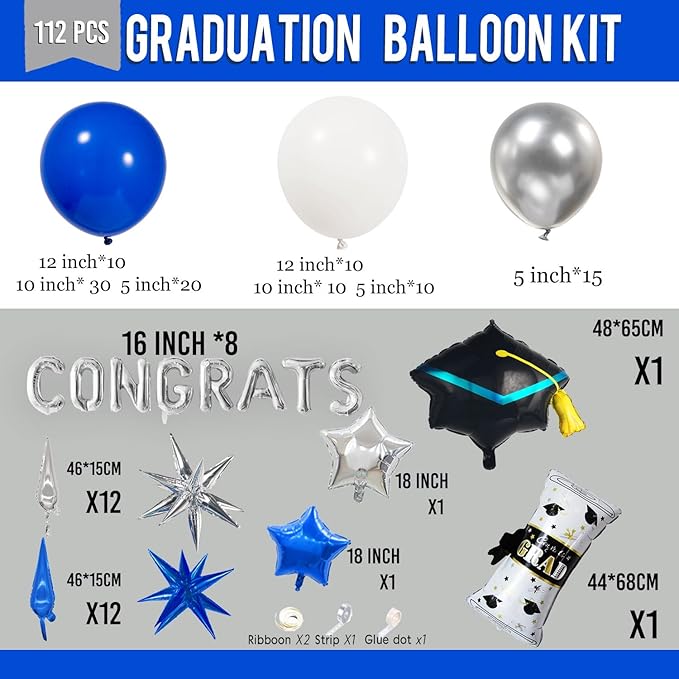 Royal blue Themed Graduation Balloon Garland Arch Kit with Foil caps diplomas congrats letters stars for class of 2026 Graduation party decorations Grad congratulations Prom party Grad ceremony decor