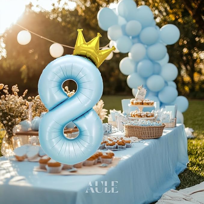 AULE 40 Inch Big Light Blue 8 Balloon Number with Crown Large Foil Helium Number Balloons 0-9 Jumbo Giant Happy 8th Birthday Party Decorations Huge Mylar Anniversary Party Supplies