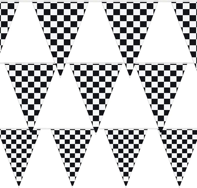 Checkered Flags Black and White 100’ FT Pennant Racing Banner | NASCAR Theme Party Decoration Plastic Flag | Race Car Parties Décor | Decorative Birthday BBQ Bar Hanging Accessories | 1 Banner