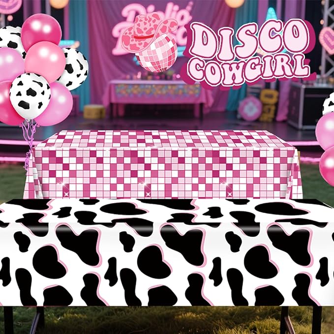 2Pcs Cow Print Tablecloth, Cowgirl Birthday Party Decorations, Waterproof Plastic Disco Table Cloth for Disco Pink Cowgirl Decorations Supplies 54X108inch