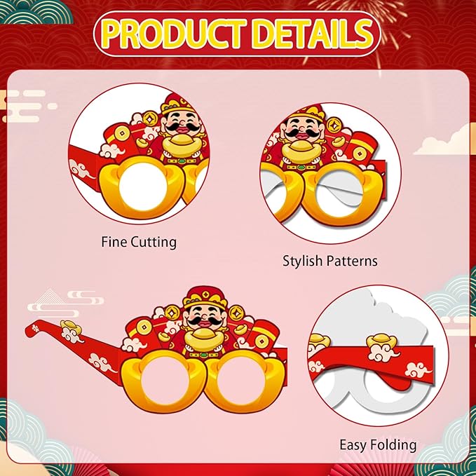 16PCS Chinese New Year Glasses, Lunar New Year Paper Eyeglasses Photo Booth Props for Year of the Horse Party Supplies