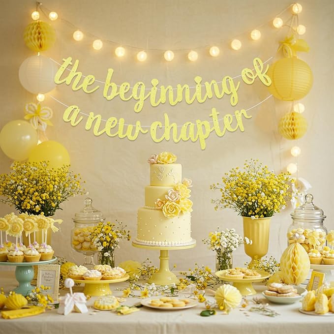 BEISHIDA Glitter Light Yellow The Beginning of A New Chapter Banner,Pre-Strung Farewell Book Themed Housewarming Party Congratulations Decorations,Going away party Garland,Graduation Sign 2026 Banner,retirement Supplies