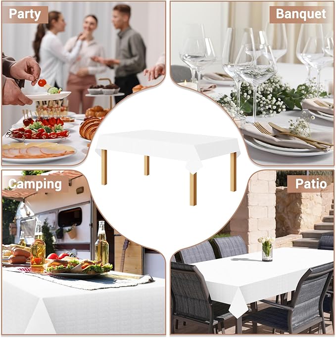 White Paper Tablecloth, 15 Pack Disposable Table Cloths for Rectangle Tables 3-9 Foot, 54''×108'' Paper & Plastic Party Table Cover for Birthday, Outdoor, Wedding, Banquet