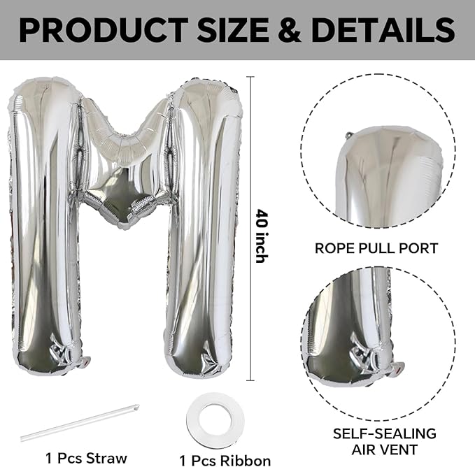 KALOR 40 Inch Silver Letter M Balloons Jumbo Foil Mylar Helium Big Balloons for Birthday Party Anniversary Baby Shower Supplies