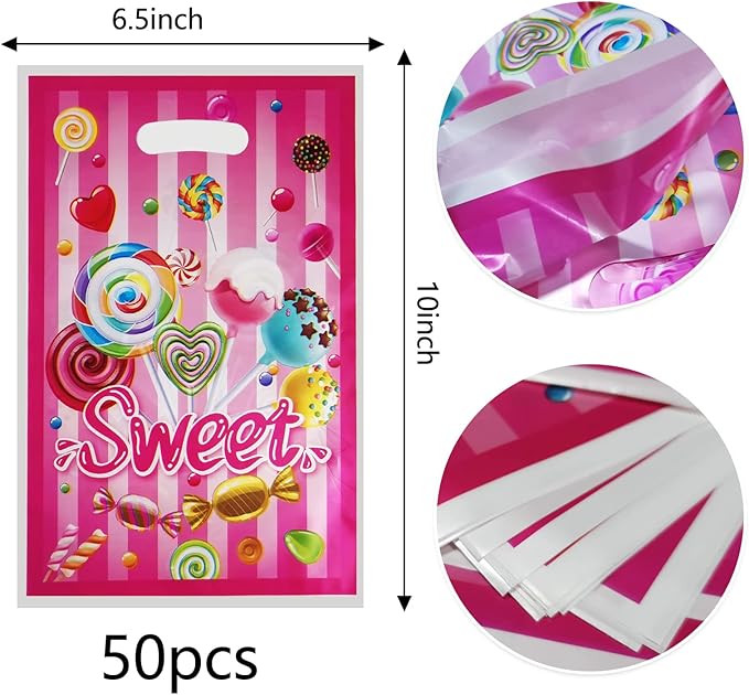 Rainmae 50 Pcs Candyland Goodie Gift Bags, Lollipop & Candy Party Favors, Treat & Family Goody Bags for Sweet Candy Theme Kids Birthday, Wedding & Baby Shower Party Supplies Decoration