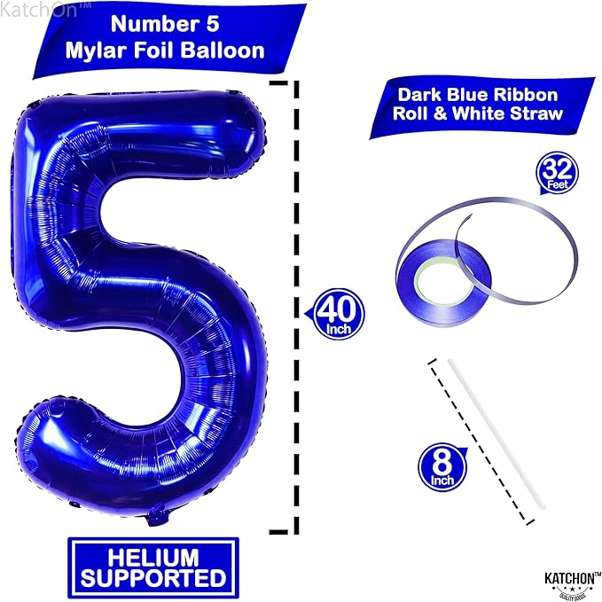 KatchOn, Navy Blue Number 5 Balloon - Big, 40 Inch | 5th Birthday Decorations for Boys | 5th Birthday Boy | Balloon For 5th Anniversary Decorations, Fifth Birthday Decoration Boy