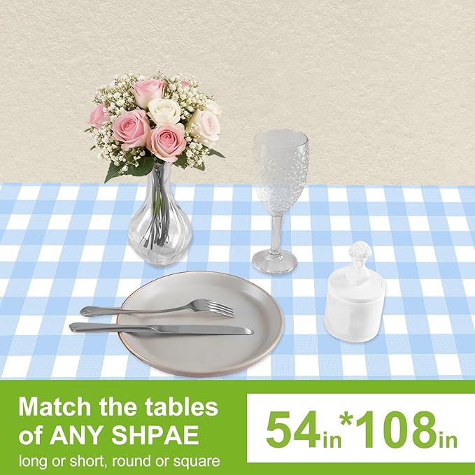 Oigco Light Blue Gingham Tablecloth - 54 x 108 Inches, Rectangle Disposable Light Blue Checkered Tablecloth, Picnic Table Covers for Dining/Camping/Picnic/Outdoor