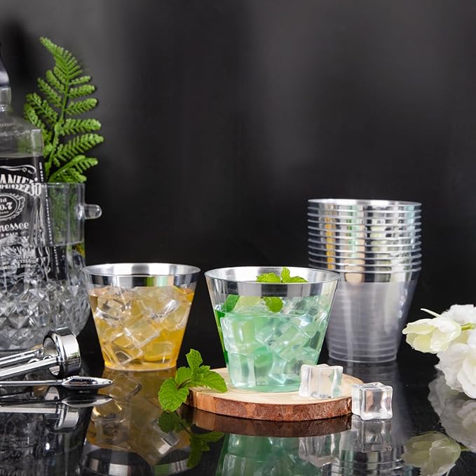 Hioasis 100Pcs 9OZ Clear Plastic Cups with silver Trim - Plastic Disposable Cups, Heavy Duty & BPA-free for Party, Wedding, Celebrations