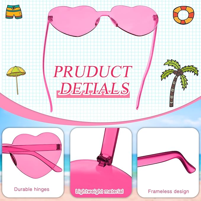 TOODOO 4 Pack Heart Shaped Sunglasses Rimless Candy Color Eyewear Galentine Valentines Accessories