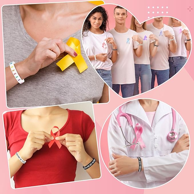 JUNEBRUSHS 42pcs Cancer Awareness Silicone Wristband Bulk All Prevention Ribbon Inspirational Rubber Bracelets for Cancer Fighters Favor Dress-Up Supplies