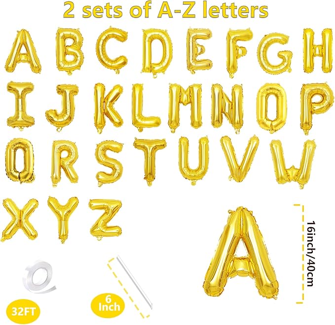 52 Pcs 2 Sets of 16 Inch “A-Z” Letter Balloons Set – Complete Alphabet Mylar Foil Balloons (Each Letter Includes 2 Balloons) for Birthday, Graduations, New Year, and Party Decorations (Gold)