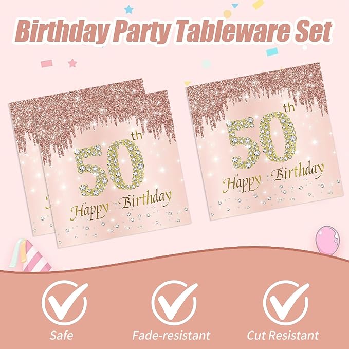 50th Rose Gold Birthday Plates and Napkins, 9 Inch Pink Rose Gold Disposable Dinner Dessert Plates Happy 50th Birthday Party Supplies Decorations for Girls Women