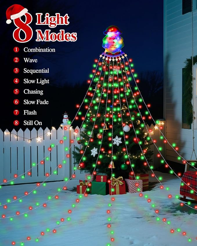 Christmas Waterfall Outdoor String Lights, Christmas Tree Lights with Topper 335 LED 11.48ft 9 Strands, 8 Lighting Modes Holiday New Year Decoration Lights for Wedding Yard Party Home Indoor Decor