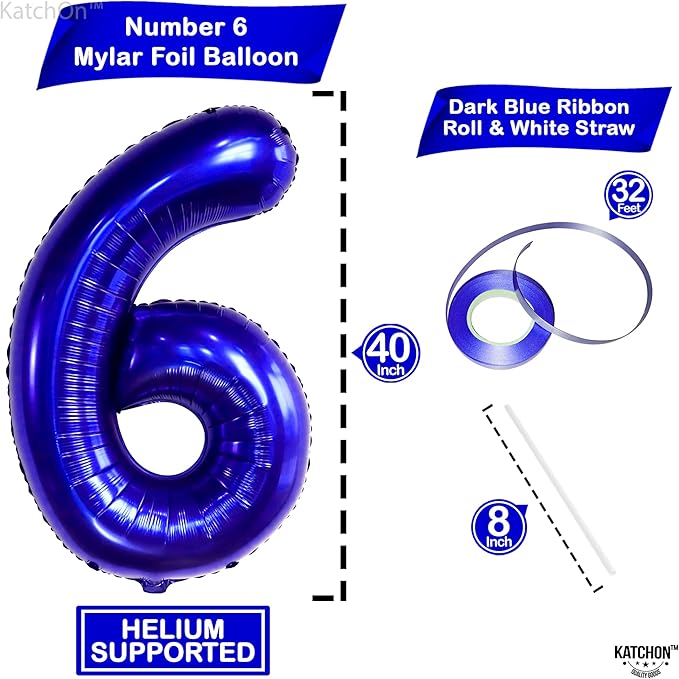 KatchOn, Giant Navy Blue Number 6 Balloon - 40 Inch | 6th Birthday Balloon for 6th Birthday Decorations | 6 Balloons for Birthday | Number Balloons for Anniversary Decorations