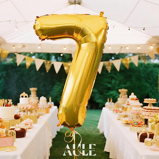 AULE 40 Inch Big Gold 7 Balloon Number Large Foil Helium Number Balloons 0-9 Jumbo Giant Happy 7th Birthday Party Decorations for Boy or Girl Huge Mylar Anniversary Party Supplies