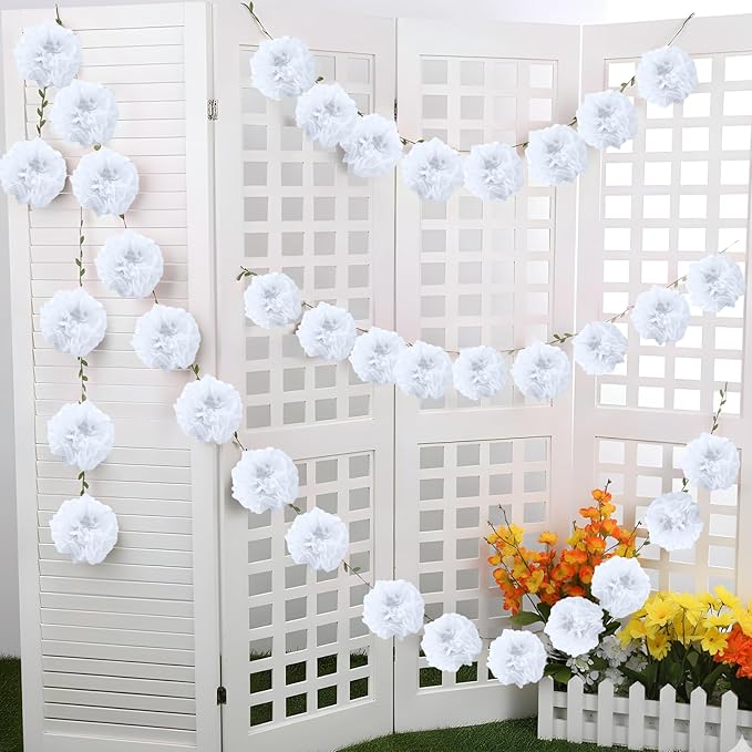 White Flower Garland for Backdrop - 2 Pcs Artificial Paper Floral Garlands for Wedding Home Decor, 8.2 Ft Hanging Fake Flower Vines for Room Wall Table Garden Decoration Aesthetic