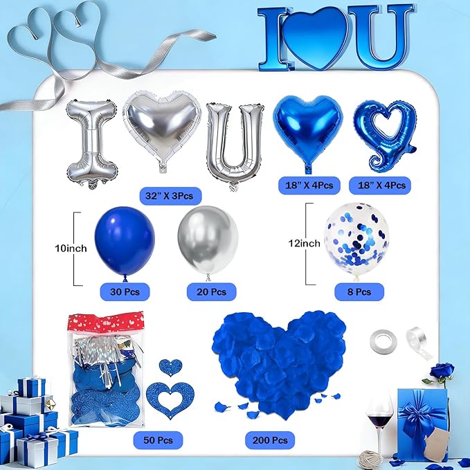 Bonropin I Love You for Him/Her Balloons Royal Blue and Sliver balloon kit with 24/18in Heart Shaped Foil Balloons and 400pcs Blue Artificial Rose Petals for Valentines Party Romantic Decoration