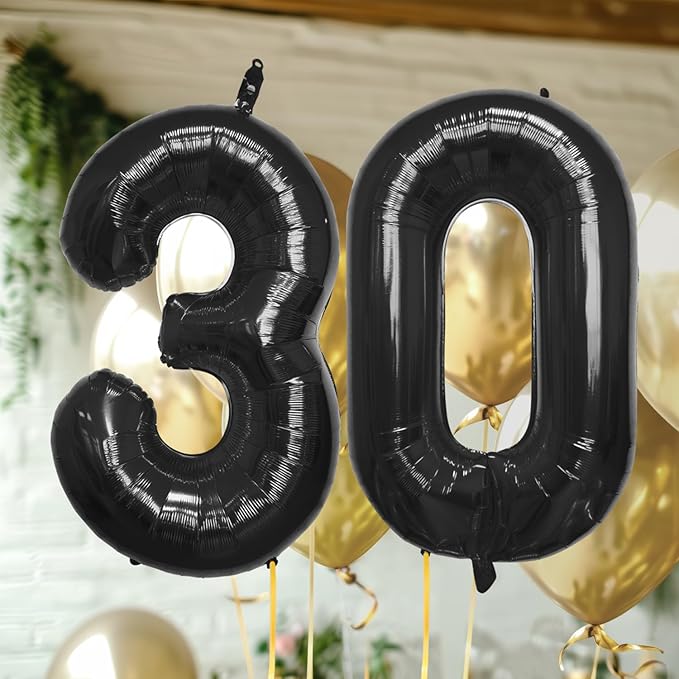 40 Inch Large Black Number Celebration and Decoration Balloon for Birthday Parties, Graduations, Anniversaries, Weddings, Photo Shoots, Special Events - Helium Foil Mylar (Black Number 30)