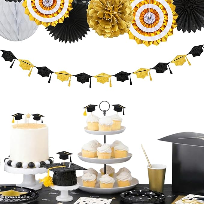 Black Gold Party-Decoration Graduation Banner - 14pcs Kits Cap Garland Streamers, Paper Tissue Pom Poms Flowers Fans Honeycomb,Class Of 2026 College High School Grad Decor Hugfond