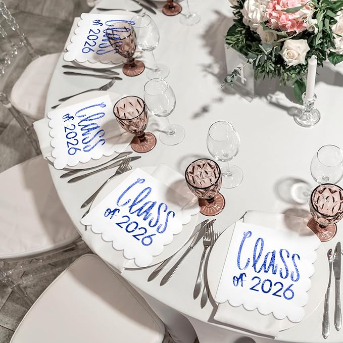 100 Pcs Class of 2026 Graduation Cocktail Napkins 5 x 5 Inch Congrats Grad Scalloped Paper Napkins for Dinner Beverage Graduate Decorations(Blue)