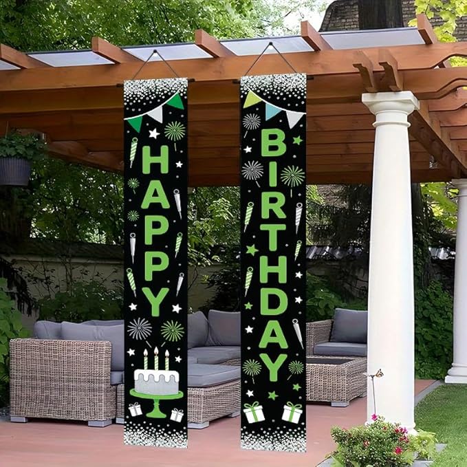 12x71 inch birthday porch banner suitable for indoor outdoor birthday party decoration, featuring green and black design, fireworks candle gifts, durable fabric, suitable for terraces