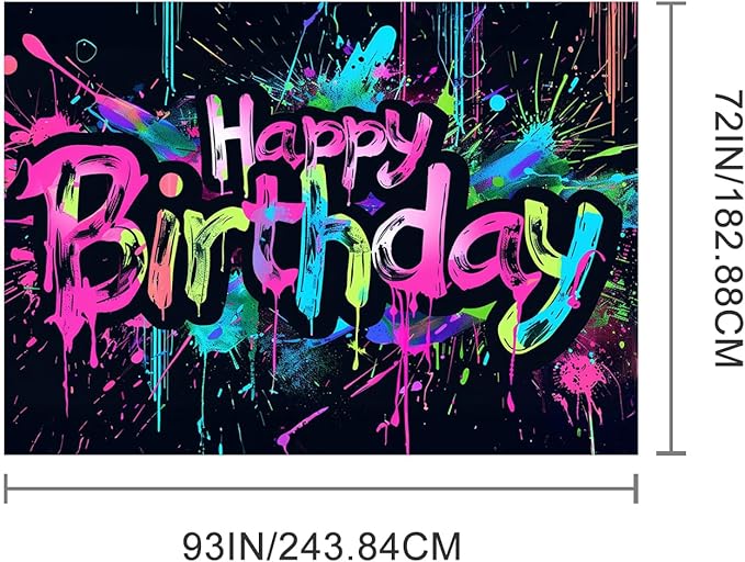 Neon Happy Birthday Banner 96x72 Inch Photography Backdrops Party Background Decorations Colorful Graffiti Splash Paint Kids Birthday Supplies Glow in The Dark