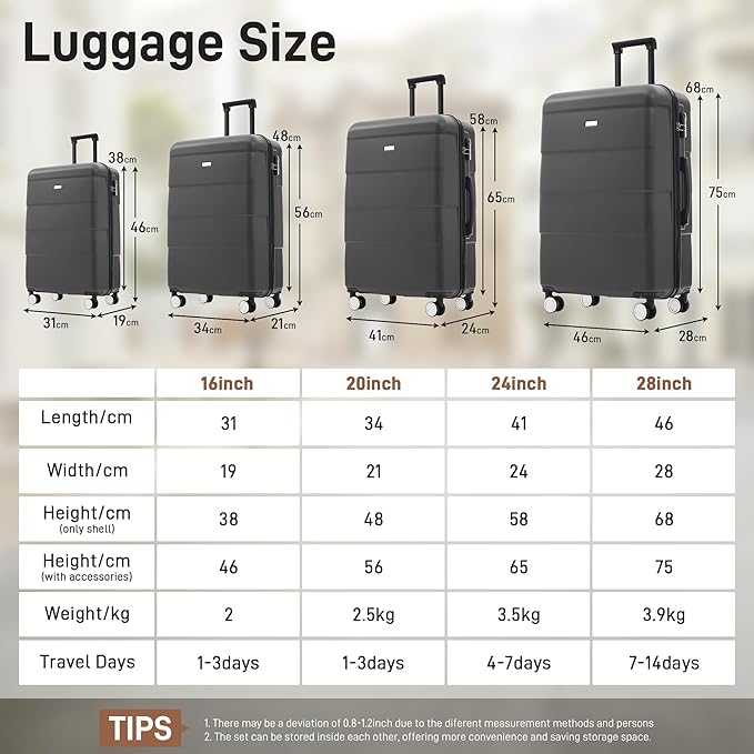 6 Pcs ABS Hardshell Luggage Sets Spinner Wheel Suitcase Lock Suitcases Charcoal