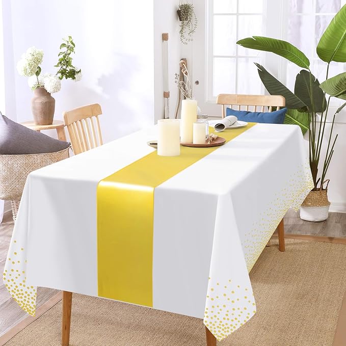 12 Pack White Gold Tablecloth and Table Runner Set Party Decorations, White and Gold Plastic Disposable Tablecloth and Satin Table Runner for Wedding Birthday Party (White and Gold)