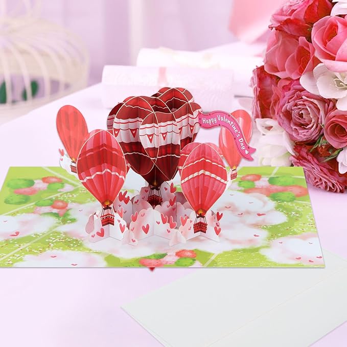FaCraft Valentines Day Card - 3D Hot Air Balloon Happy Pop Up Valentines Cards with Envelope, Balentines Day Gift for Him Her Wife Husband Boyfriend Adults
