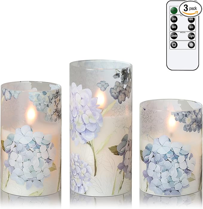 Hydrangeas Decals Glass Flameless Candles with Remote Timer, Battery Led Pillar Candles Flickering Real Wax Pack of 3 for Mother's Day Gift, Spring Dinner Home Decor, Φ 3" H 4" 5" 6"