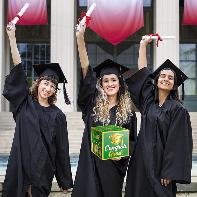 JWSCYSY Graduation Card Box Holder, Congrats Grad Foldable Cardboard Decorations Box for Graduation Party Favors Decor Party Supplies (Green Gold)