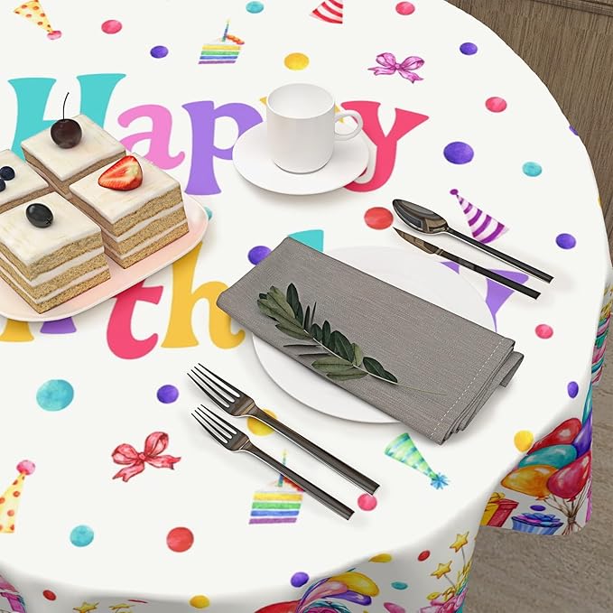 Happy Birthday Round Tablecloth 60 Inch Colorful Gift Birthday Hat Pattern Circle Table Cloth Holiday Table Cover Washable Polyester Decorations for Home Kitchen Dinning Party
