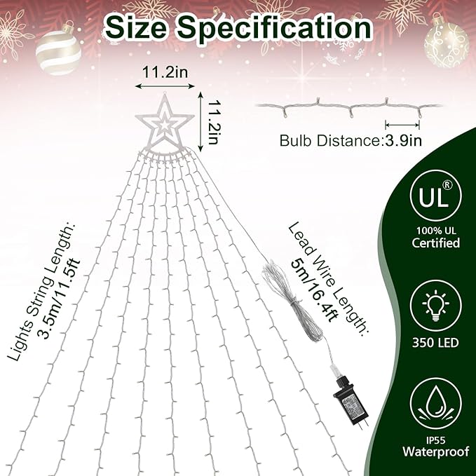 Christmas Decoration Lights, Outdoor Christmas String Lights 320 LED 11.5 Ft Waterfall Tree Light with Big Star Topper 8 Light Modes for Xmas New Year Holiday Garden Yard Indoor Outdoor Decor
