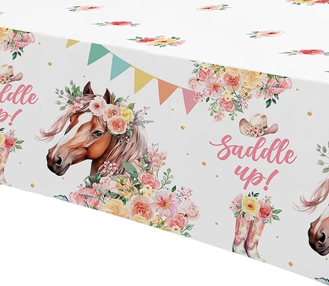Cowgirl Party Decorations Tablecloth, 3Pcs Disposable Saddle Up Horse Party Tablecover Supplies for Girls, Western Wild West Cowgirl Birthday Baby Shower Table Cloth, 86in x 55in