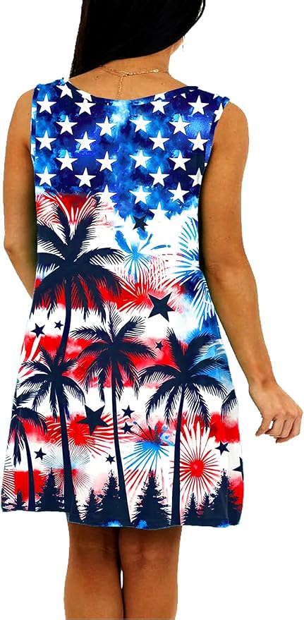 Deerose Women 4th of July Sleeeveless Dress Patriotic V Neck Tank Dresses with Pockets
