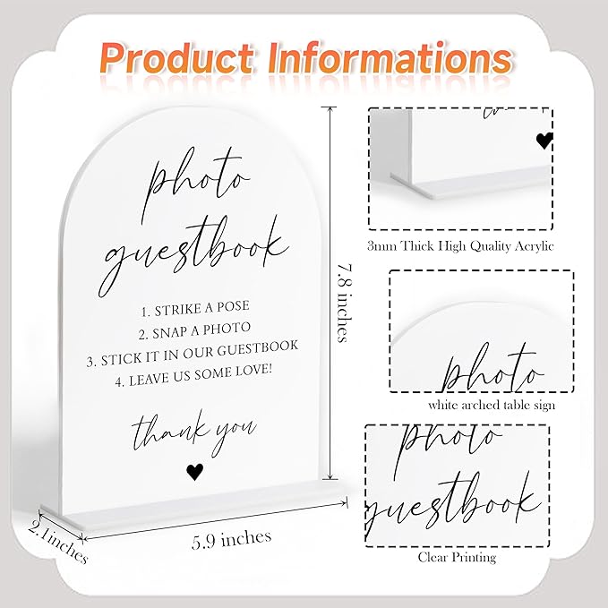 Photo Guest Book Sign, White Arch Acrylic Wedding Sign, Wedding Guest Book Alternative, Bridal Shower Decor, Engagement Party Decor, Centerpiece Table Decorations Party for Bride and Groom-20