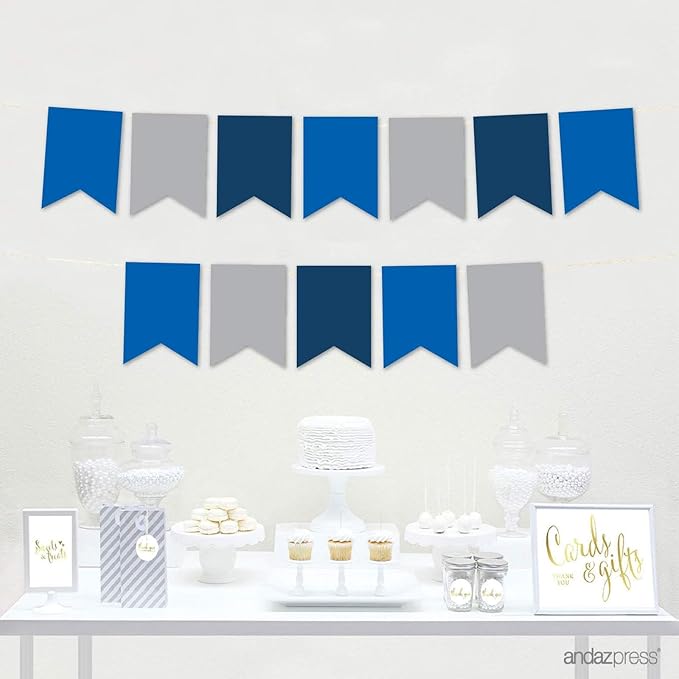 Andaz Press Hanging Pennant Banner with String, Royal Blue, Silver, Navy Blue, 1-Set, 24 Pennants, Approx. 12-Feet Long